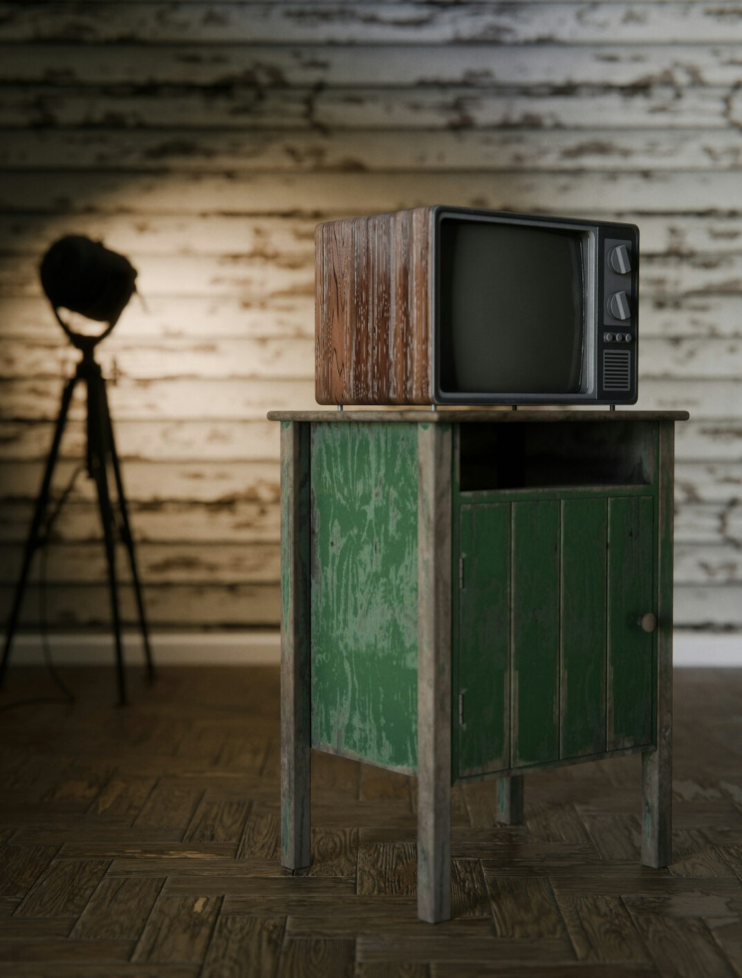 Estúdio de televisão vintage com câmaras e luzes de estúdio